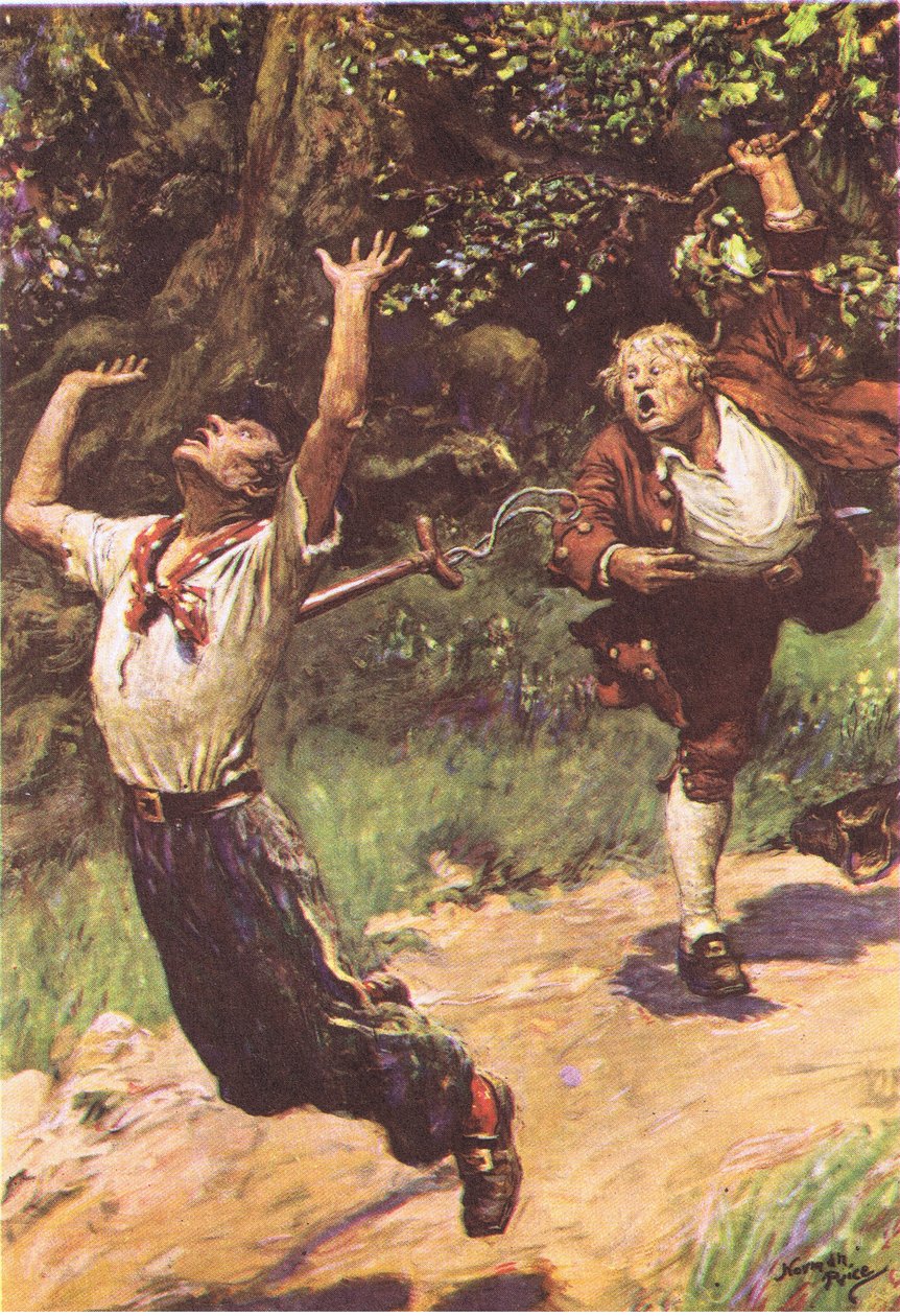 Det ramte fattige Tom først og fremmest, fra Treasure Island udgivet af MacDonald 1947 (farve litho) af Norman Mills Price