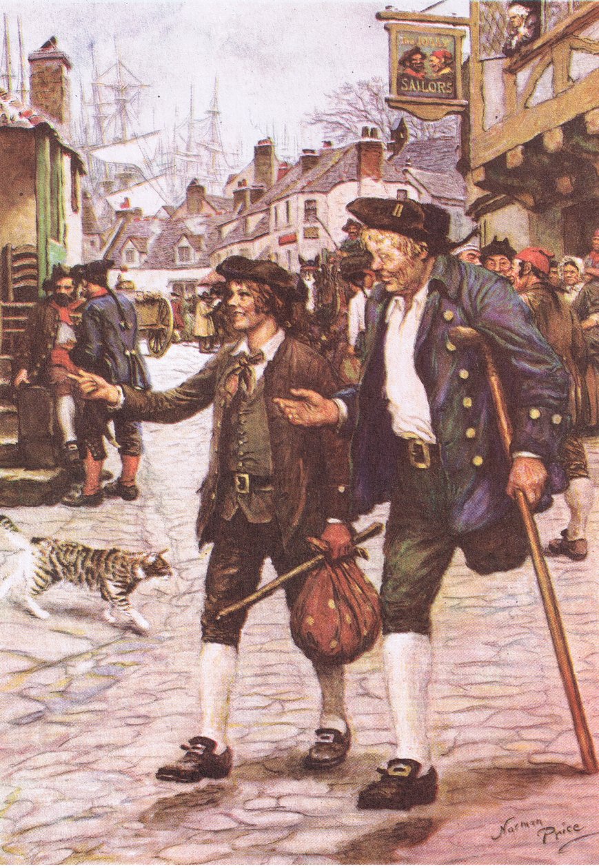 Jim og Long John Silver i Bristol, fra Treasure Island udgivet af MacDonald 1947 (farve litho) af Norman Mills Price