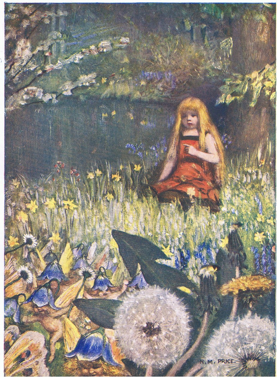 Maybells and the Flowers: "Nu ved jeg, at flere kan blive hjemme, maj-klokkerne kalder mig det (farve litho) af Norman Mills Price