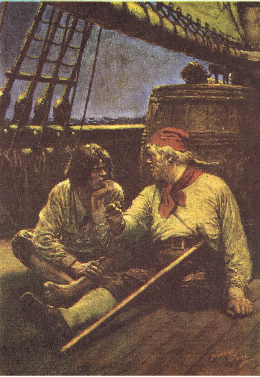 Tønden rystede, da han lænede sin skulder mod den, fra Treasure Island udgivet af MacDonald 1947 (farve litho) af Norman Mills Price