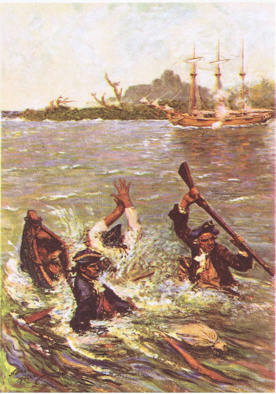 Båden sank ved agterstavnen i tre fod vand, fra Treasure Island udgivet af MacDonald 1947 (farve litho) af Norman Mills Price