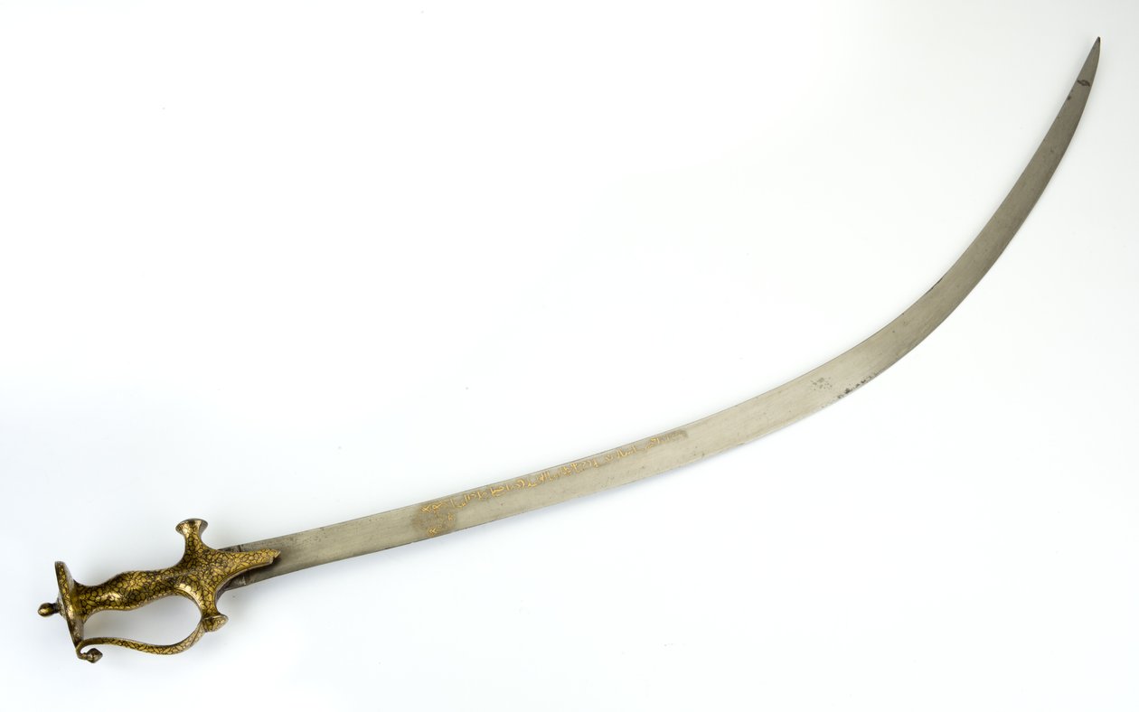 Talwar sabel med indo-muslimsk hilt af panjabi-type, klinge muligvis 1700-tallet, greb fra 1800-tallet (stål, russet jern, guld-falsk-damaskerende) af North Indian School