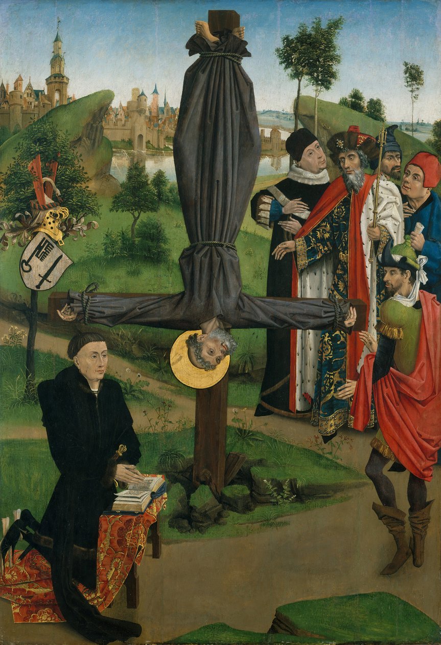 Sankt Peters korsfæstelse med en donor, Legenden om Sankt Anthony Abbed med en donor... af Northern French Painter