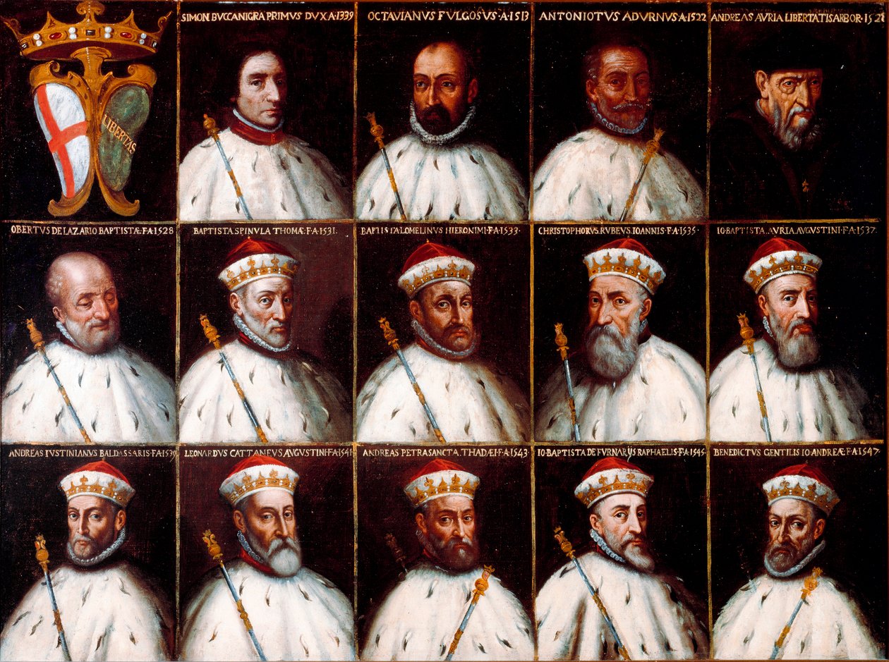 Republikkens geners våbenskjold og portrætter af dogerne - Simone Boccanegra, Ottaviano Fregoso og Antoniotto II Adorno; Andrea Doria. Oberto Cattaneo Lazzari, Battista Spinola, Battista Lomellini, Cristoforo Grilaldi Rosso, Giovanni Battista Doria af Northern Italian School
