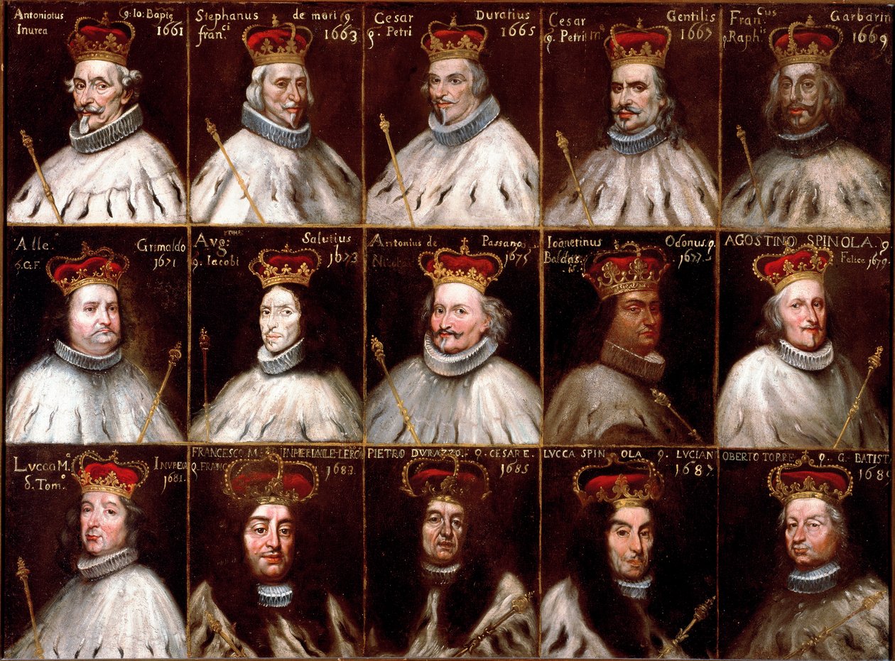 Republikkens geners våbenskjold og portrætter af dogerne. Antoniotto Invrea, Stefano de Mari, Cesare Durazzo, Cesare Gentile, Francesco Garbarino, Alessandro Grimaldi, Agostino Saluzzo, Antonio Da Passano, Odon Giannettino, Agostino Spinola, Luca M af Northern Italian School