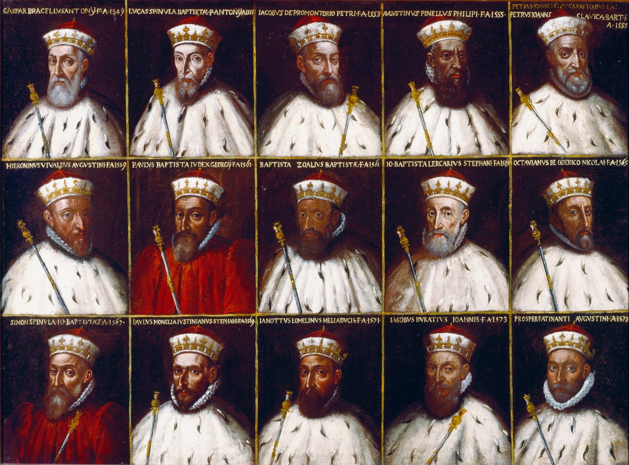 Republikkens geners våbenskjold og portrætter af dogerne. Gaspare Grimaldi Bracelli, Luca Spinola, Giacomo Promontorio, Agostino Pinello Ardimenti, Pietro Giovanni Chiavica, Girolamo Vivaldi, Paolo Battista Giudice, Battista Cicala Zoaglio, Giovan af Northern Italian School