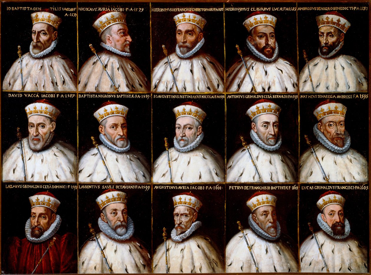 Republikkens geners våbenskjold og portrætter af dogerne. Gio. Battista Gentile Pignolo, Nicolò Doria, Gerolamo De Franchi Toso, Gerolamo Chiavari, Ambrogio Di Negro, Davide Vacca (eller Vaccari), Battista Negrone, Gio Giustiniani Campi, Antonio Grimal af Northern Italian School