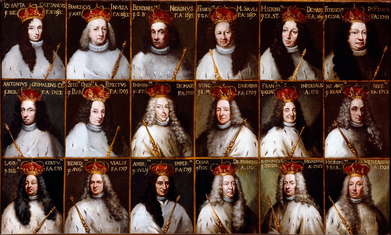 Republikkens geners våbenskjold og portrætter af dogerne. Giovanni Battista Cattaneo, Francesco Invrea, Negrone Bendinelli, Francesco Maria Sauli, Girolamo De Mari, Federico De Franchi, Antonio Cebà Grimaldi, Honored Stefano Ferreti, Domenico De Ma af Northern Italian School