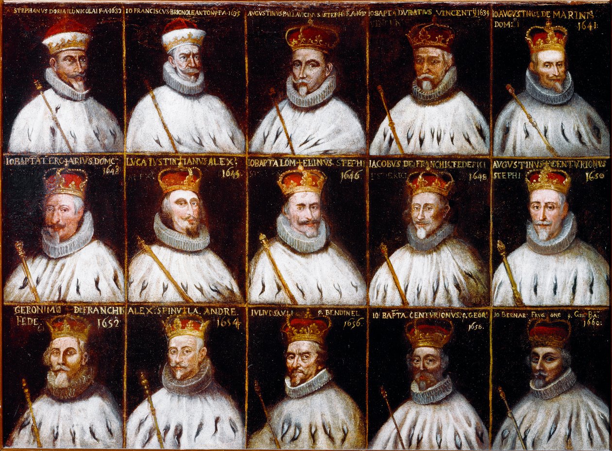 Republikkens geners våbenskjold og portrætter af dogerne. Giovanni Stefano Doria, Francesco Gio. Brignole Sale, Agostino Pallavicini, Giovanni Battista Durazzo, Agostino Giovanni De Marini, Giovan Battista Lercari, Luca Giustiniani, Giovanni Battista L af Northern Italian School