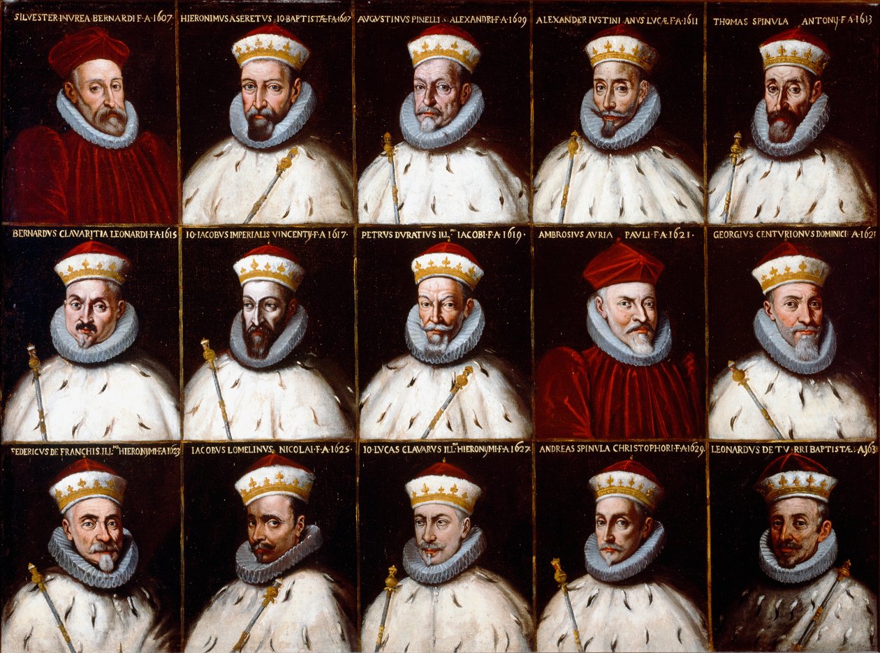 Republikkens geners våbenskjold og portrætter af dogerne. Silvestro Invrea, Gerolamo Assereto, Agostino Pinello Luciani, Alessandro Giustiniani Longo, Tomaso Spinola, Clavarezza Bernardo, Giovanni Giacomo Imperiale (Tartaro), Pietro Durazzo, Ambrog af Northern Italian School