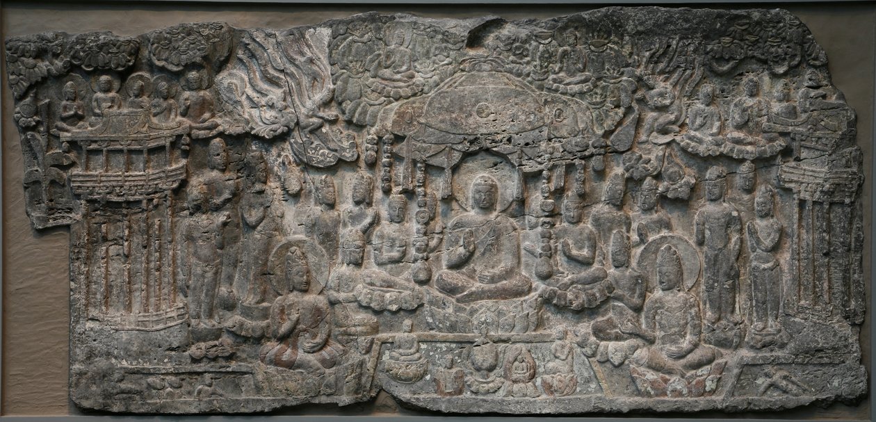 Western Paradise, Handan, Hebei-provinsen, 550-577 (kalksten med spor af pigment) af Northern Qi Dynasty Chinese Scool