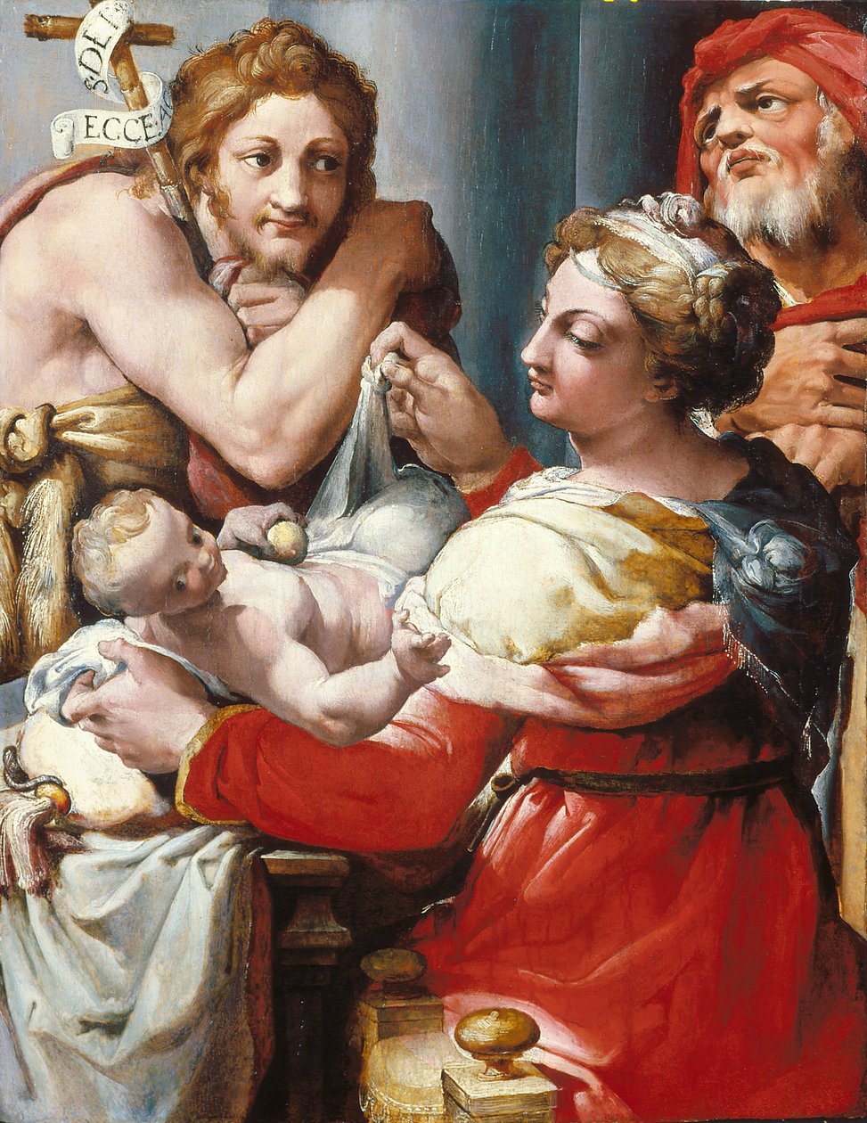 Den hellige familie med Johannes Døberen (olie på træ) af Nosadella (d.1571)