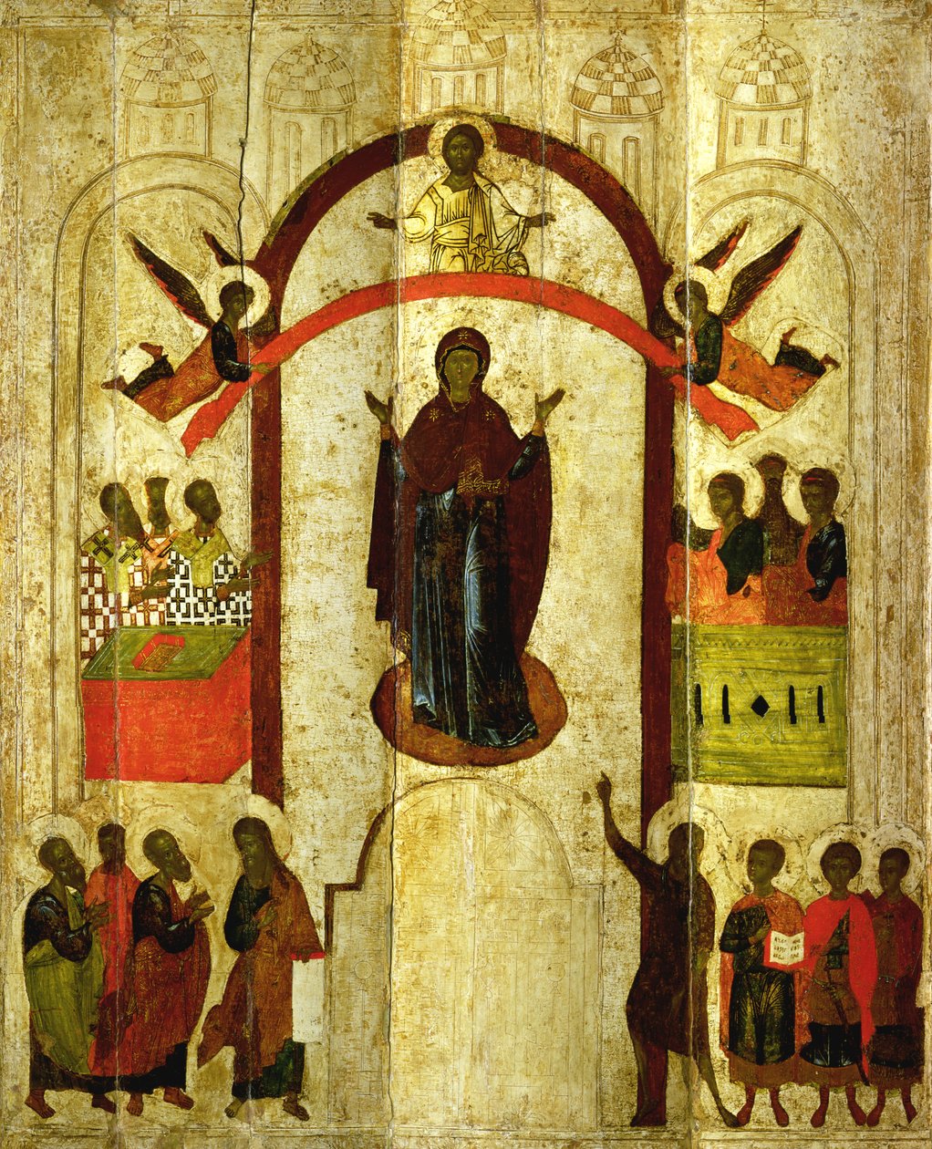 Beskyttelsen af Theotokos (Guds Moder) russisk ikon fra Zverin-klosteret, 1399 (tempera på panel) af Novgorod School