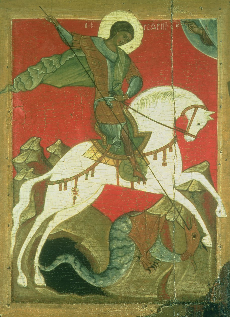 Ikon af St. George og dragen (tempera på panel) af Novgorod School