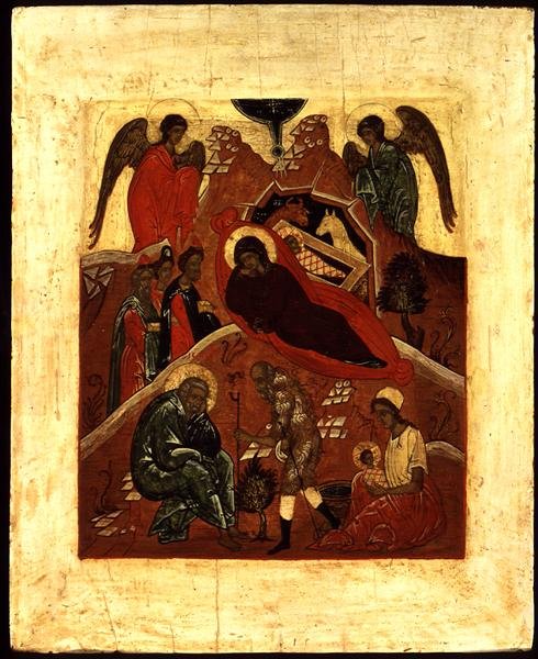 Ikon af Fødselskirken, tilbedelse af de tre konger og fristelsen af Sankt Josef, ca. 1500 (bladguld og tempera på panel) af Novgorod School
