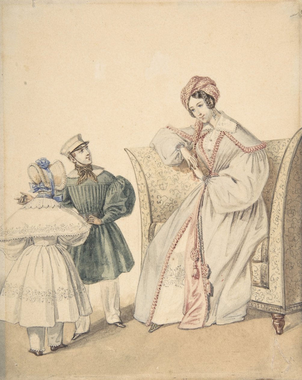 Modetegning med en kvinde, der sidder i en stol med en dreng og pige, 1800-tallet. af Numa Bassaget