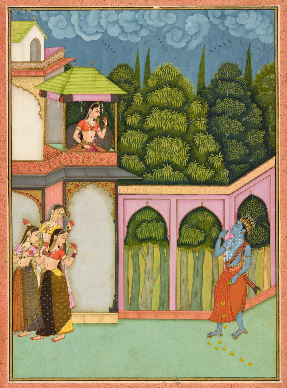 Krishna nærmer sig Radha, folio fra en "Rasikpriya", dateret ca. 1690 (ugennemsigtig akvarel og guld på papir) af Nuruddin Nuruddin