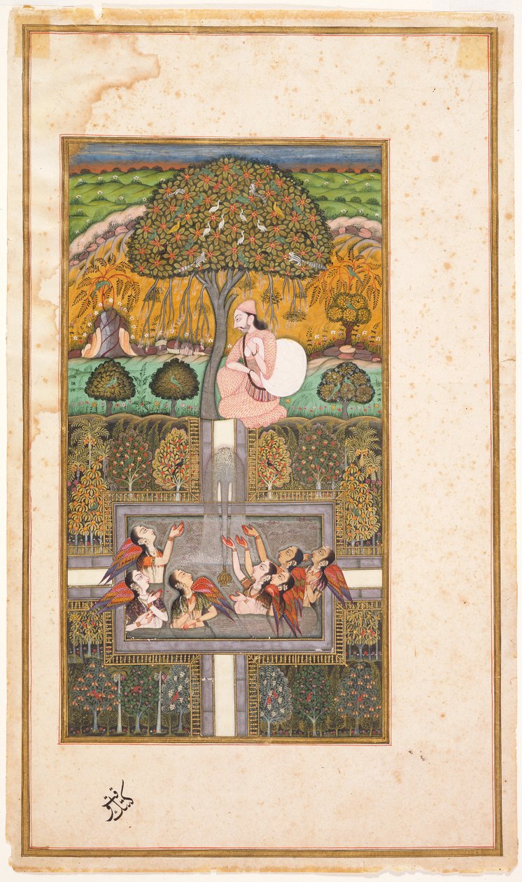 Raja Bikram and the Angels, illustration fra Gulshan-i-Ishq, ca. 1700 (wc med guld på papir) af Nusrati of Bijapur