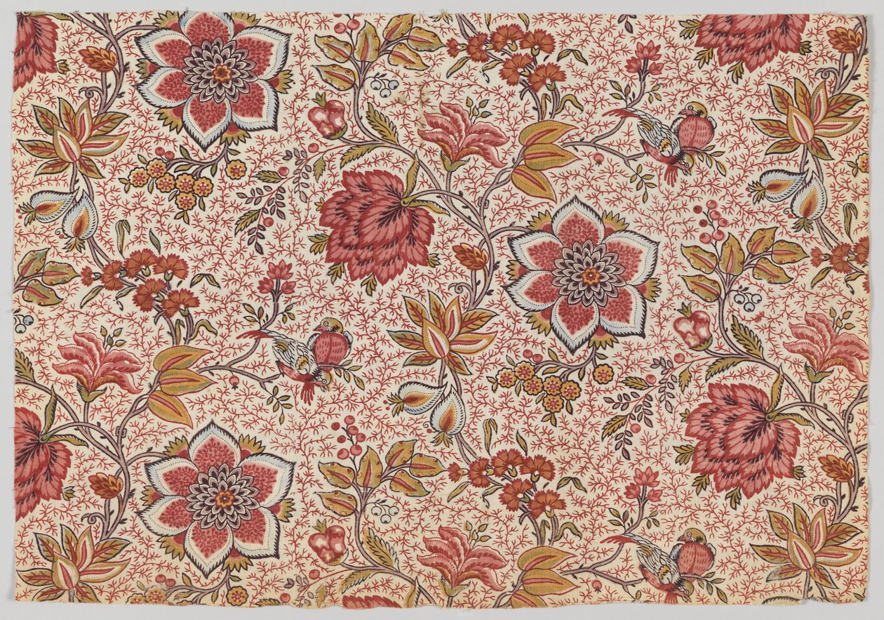Blomster og fugle på baggrund med prikkede kviste af Oberkampf and Cie.
