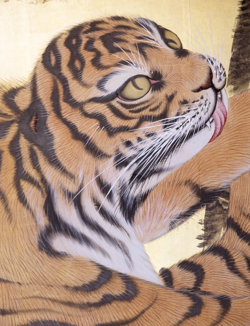 Tigre i et landskab (blæk og farve på bladguld) af Obun Kunii