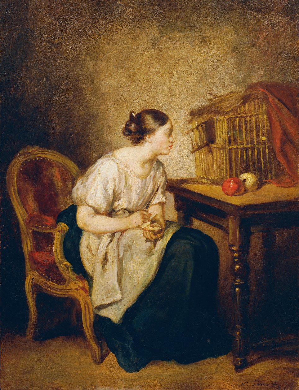 Ung kvinde med fuglebur af Octave Nicolas Francois Tassaert