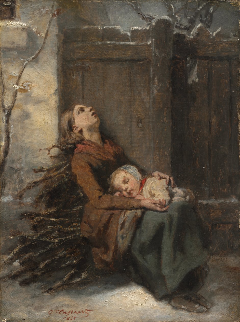 Udfattig død mor holder sit sovende barn om vinteren, ca. 1850. af Octave Tassaert