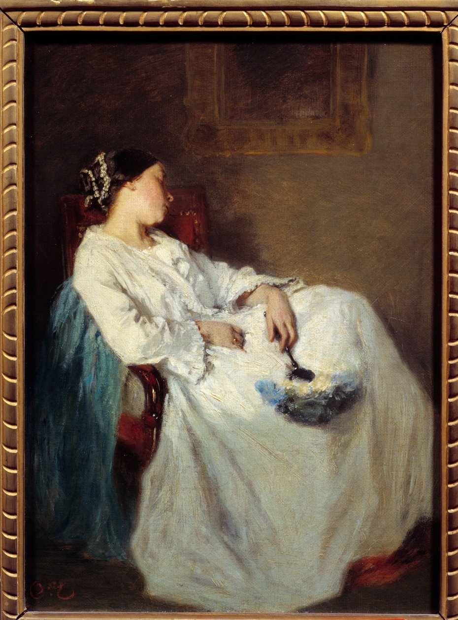 Sovende siddende kvinde Maleri af Octave Tassaert (1800-1874) 1800-tallet søn. 0,32 x 0,24 m af Octave Tassaert
