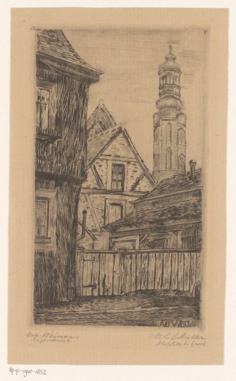 Bybillede med tårnet i Weimar Alt Weimar (titel på objekt) af Octavia Cornelia Suzanna Hofstede de Groot (signed by artist)