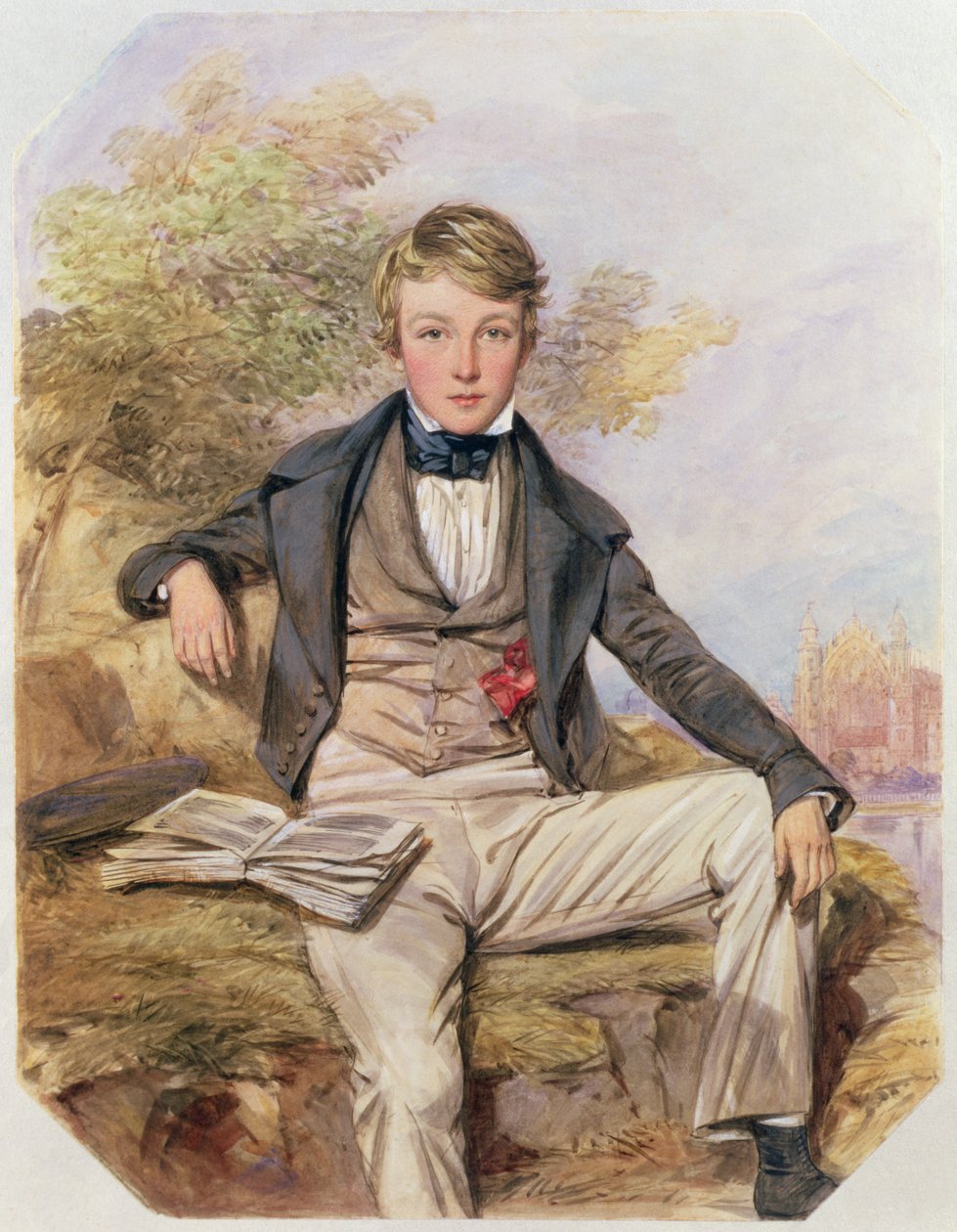 Portræt af Benjamin Gibbons siddende, med udsigt over Eton College Beyond, ca. 1838 (wc på papir) af Octavius Oakley