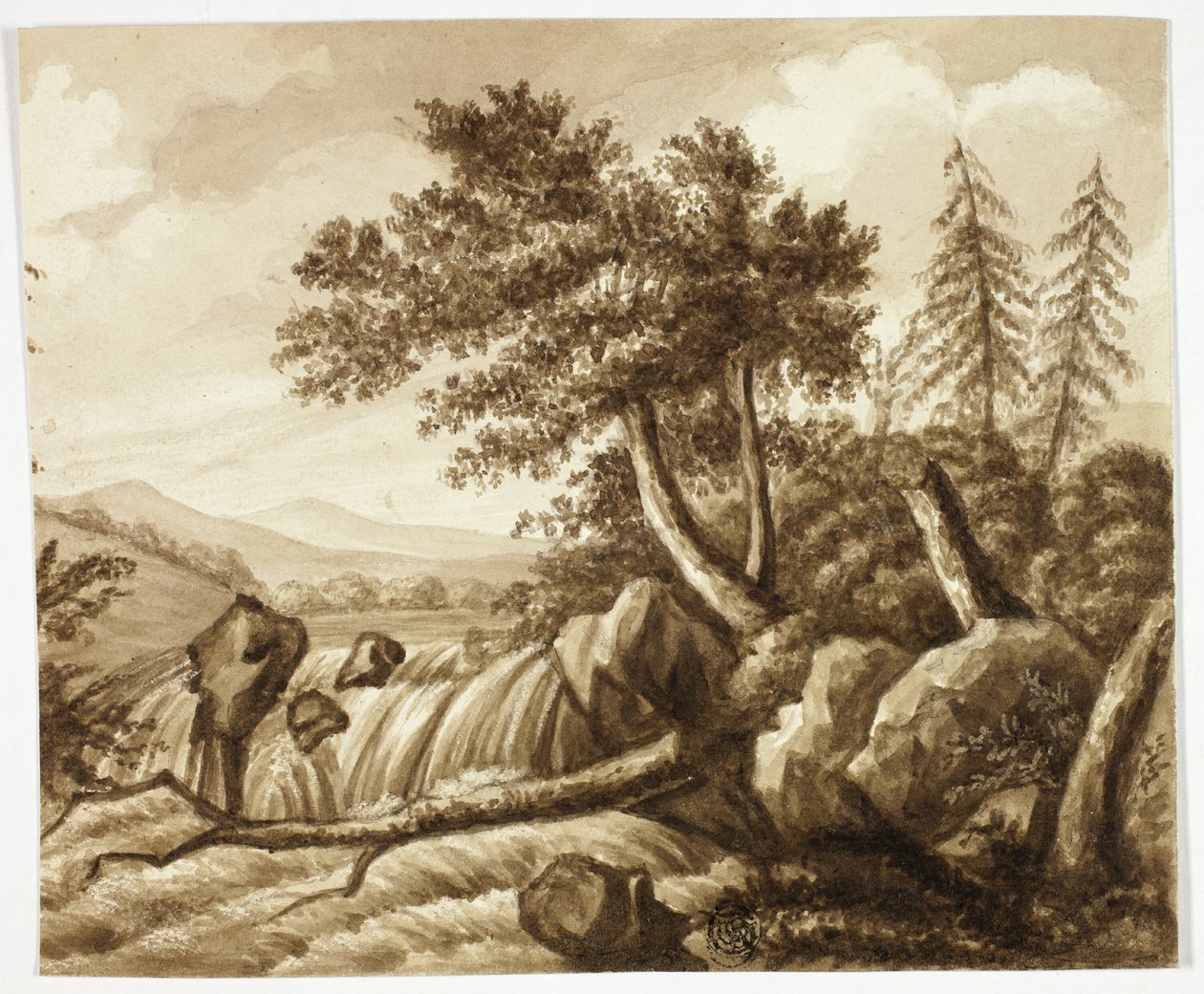 Vandfald i klippelandskab af Octavius Oakley