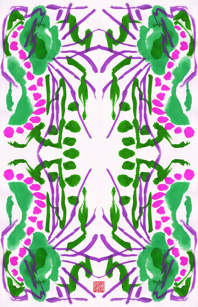 Peacock Green Pink Floral Pattern, 2023 (gouache på papir, digital) af Odilia W. Y. Fu
