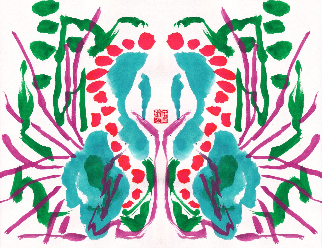 Påfugl Grøn Rød Blomstermønster, 2023 (gouache på papir, digital) af Odilia W. Y. Fu