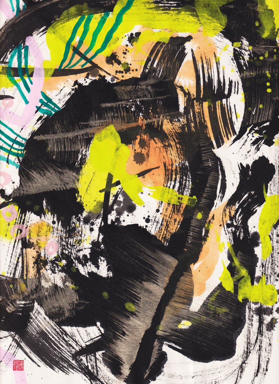 Zen Fire And Wind Ink Abstraction, 2018 (blæk og farve på Xuan-papir) af Odilia W. Y. Fu