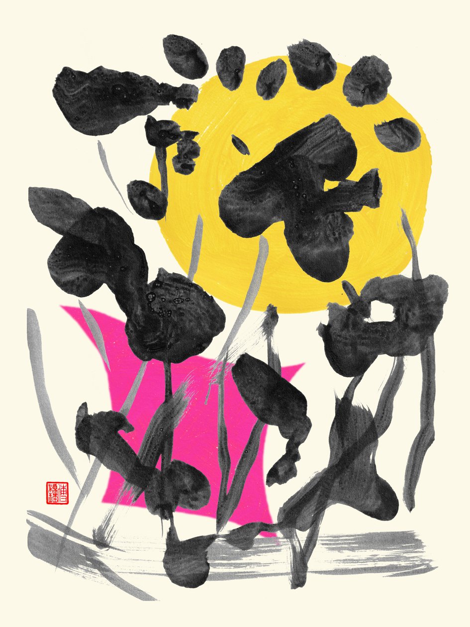 Zen Full Moon Ink Flowers, 2023 (akryl på papir, digital) af Odilia W. Y. Fu