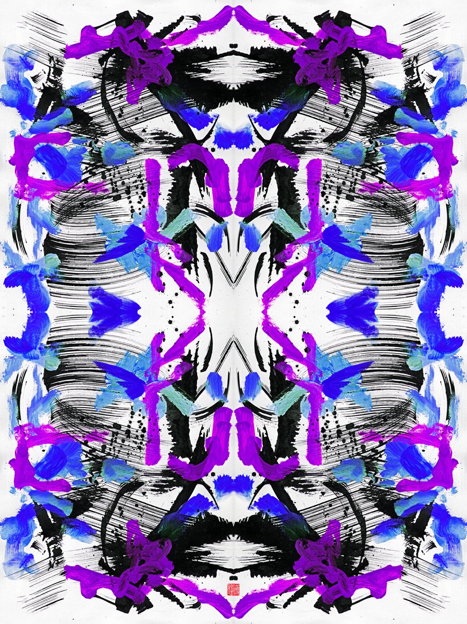 Zen Ink Blue Purple Floral Pattern, 2023 (akryl på papir, digital) af Odilia W. Y. Fu