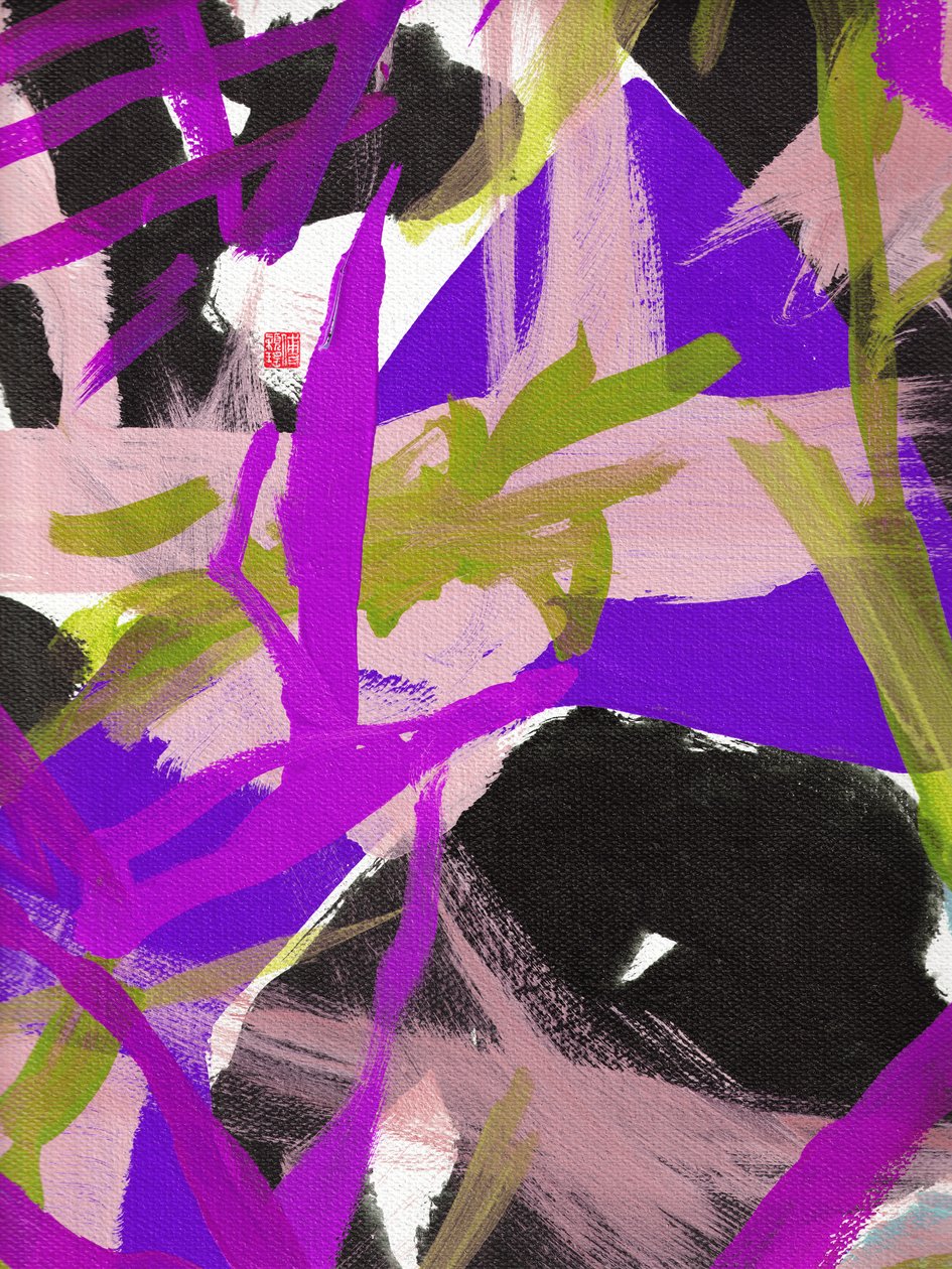Zen Purple Floral, 2023 (akryl på lærred) af Odilia W. Y. Fu