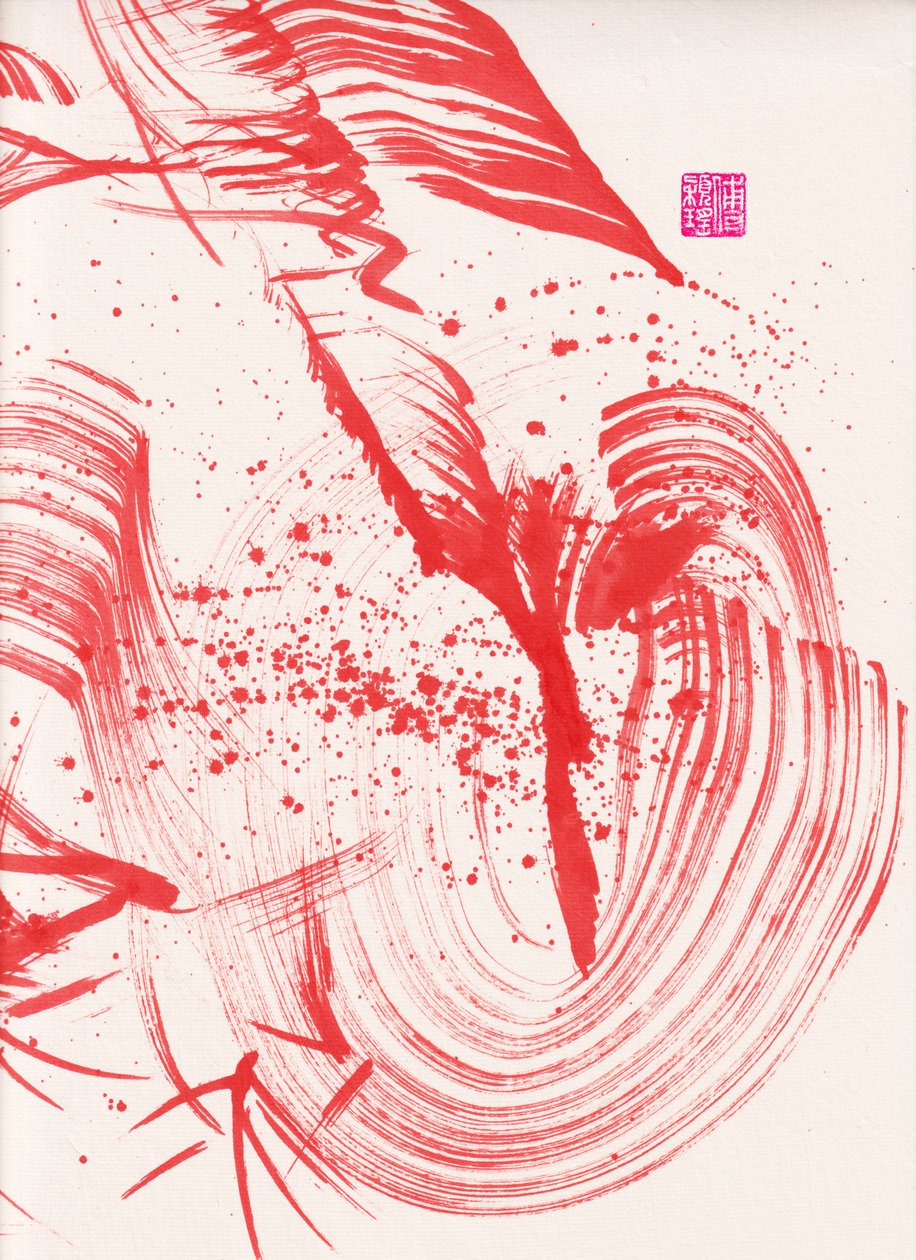 Zen Red Bamboo Ink Abstraction 1, 2020 (akryl på Xuan-papir) af Odilia W. Y. Fu