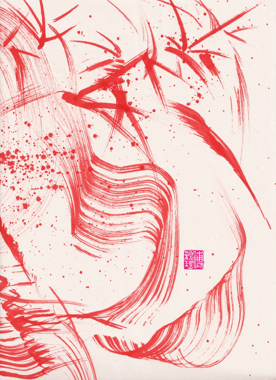 Zen Red Bamboo Ink Abstraction 2, 2020 (akryl på Xuan-papir) af Odilia W. Y. Fu