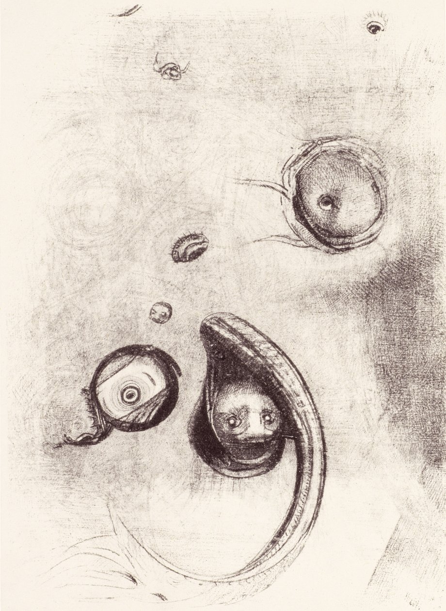 Og nogle øjne uden hoveder, der flyder som bløddyr fra La Tentation de Saint-Antoine (Plade XIII) 1896 af Odilon Redon