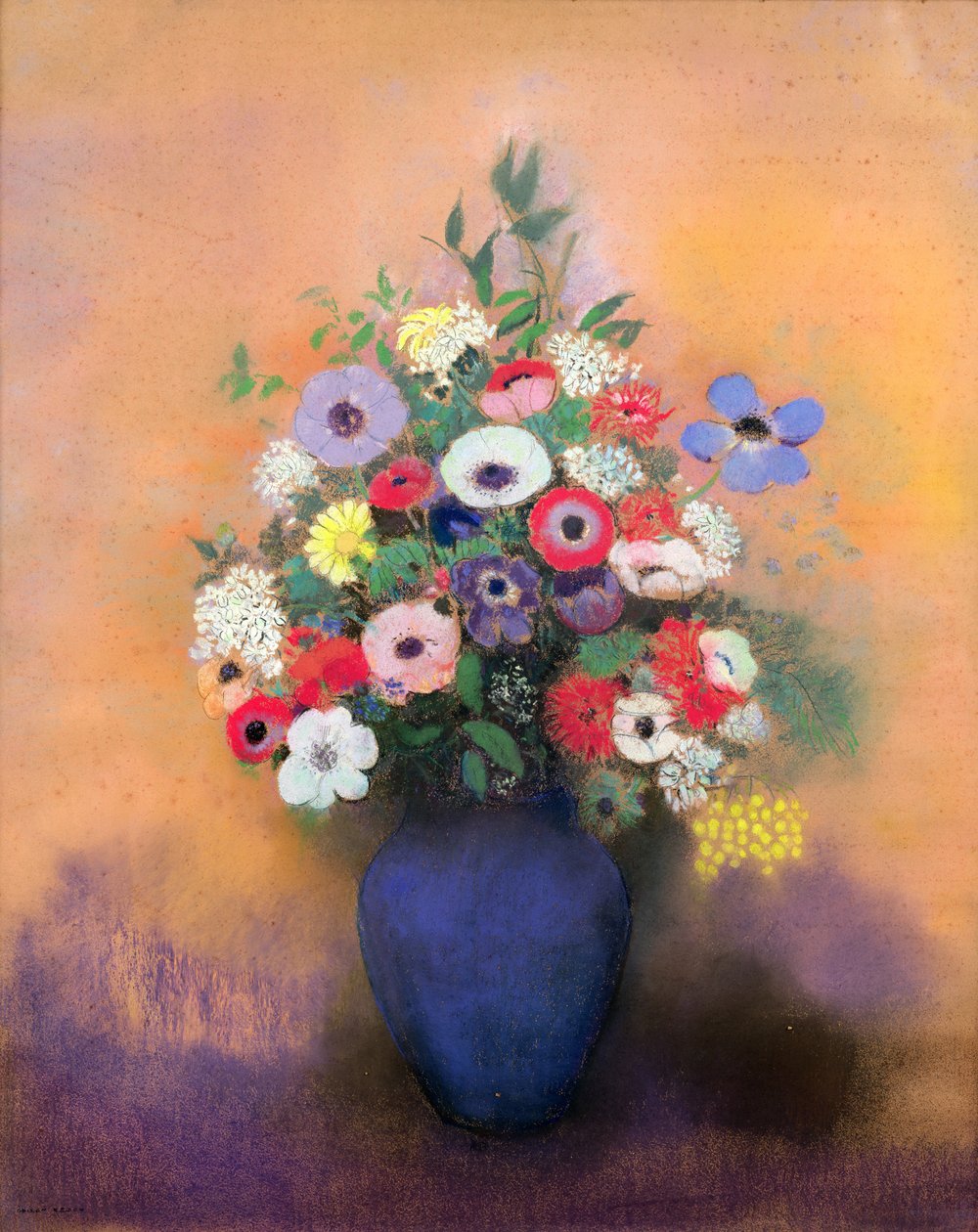 Anemoner og syren i en blå vase, efter 1912 (pastel) af Odilon Redon