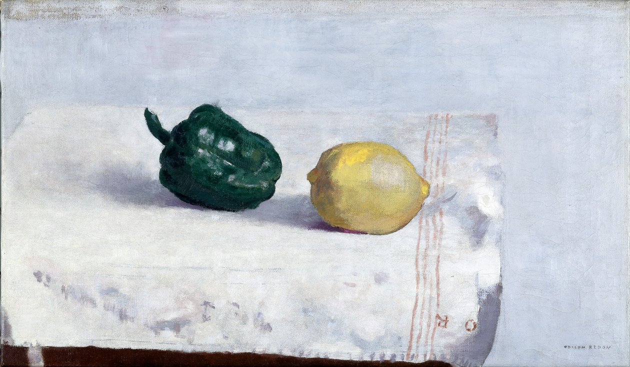 Peber og citron på en hvid dug, 1901 af Odilon Redon