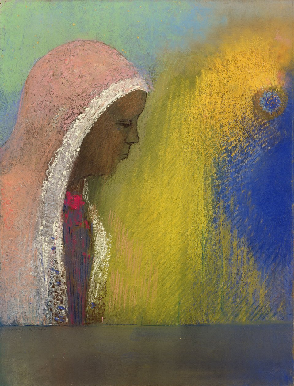 Portræt af en kvinde i lyserødt slør, 1885 (pastel på papir) af Odilon Redon