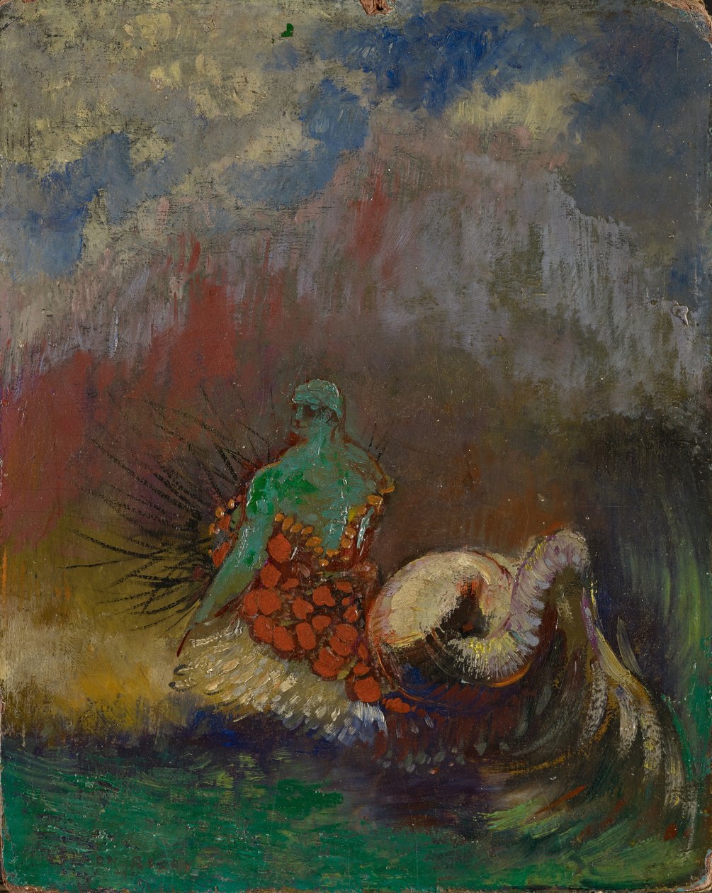Sirene, ca. 1900 (olie og guldpulver på fiberplader) af Odilon Redon