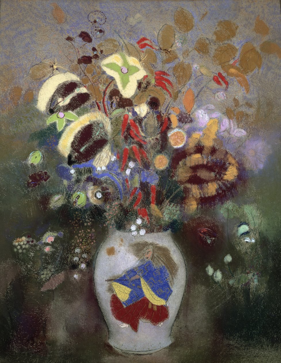 Stilleben af en vase med blomster (pastel på papir) af Odilon Redon