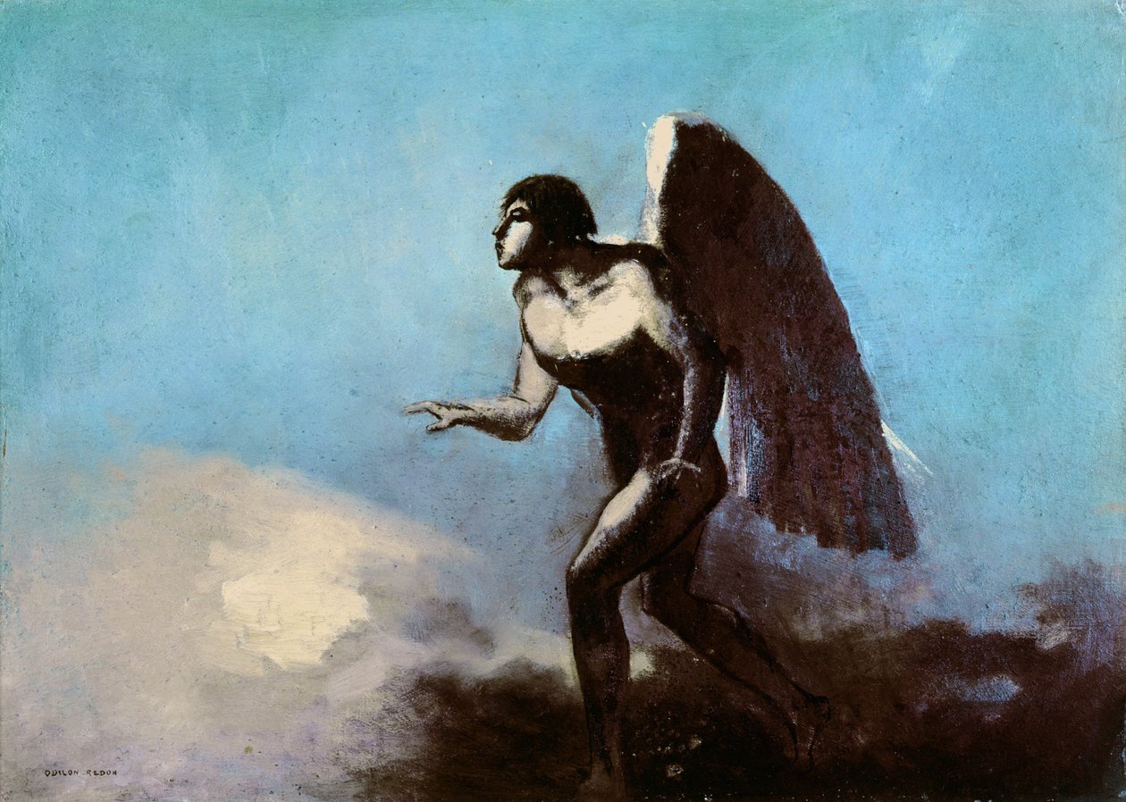 The Winged Man or, Fallen Angel, før 1880 (olie på pap) af Odilon Redon