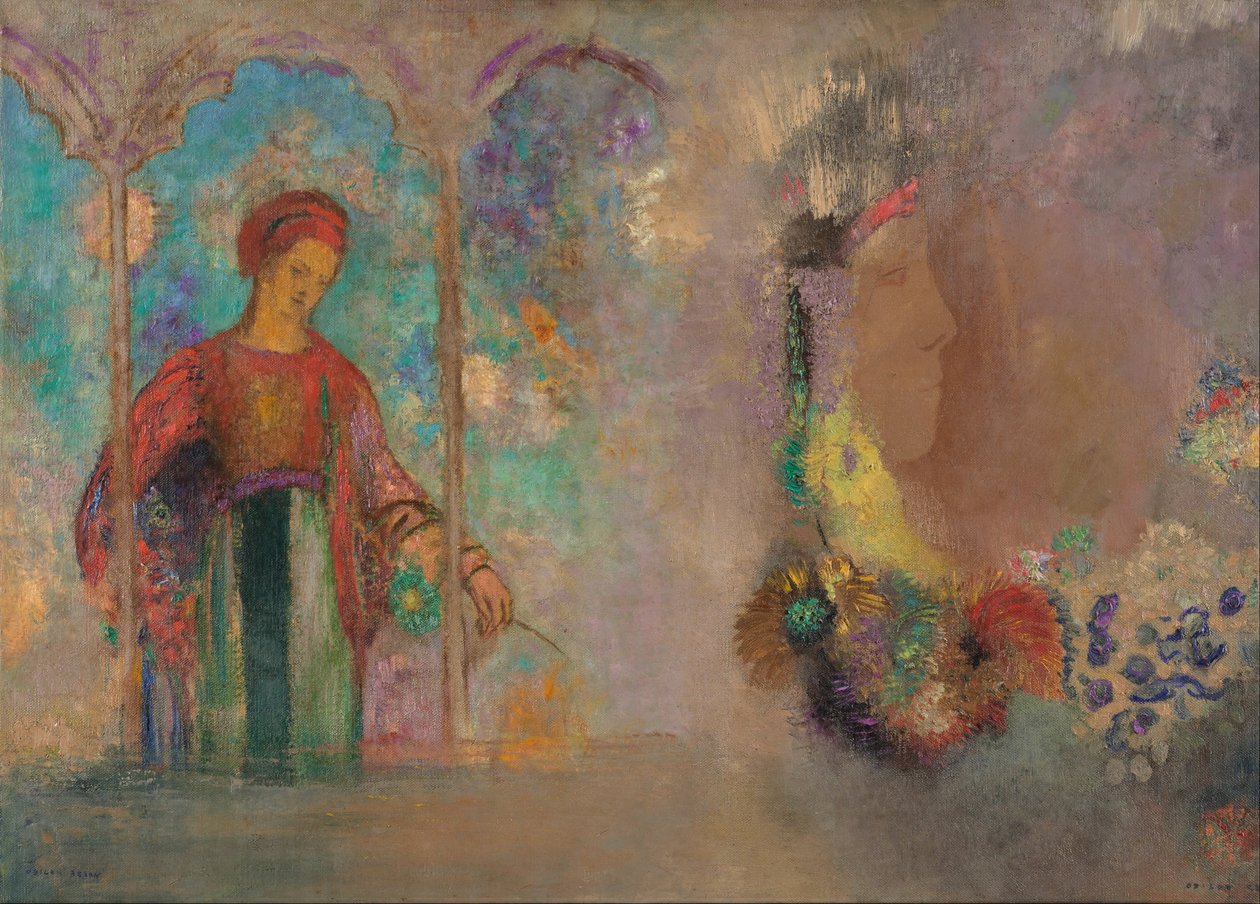 Kvinde i en gotisk arkade - kvinde med blomster af Odilon Redon