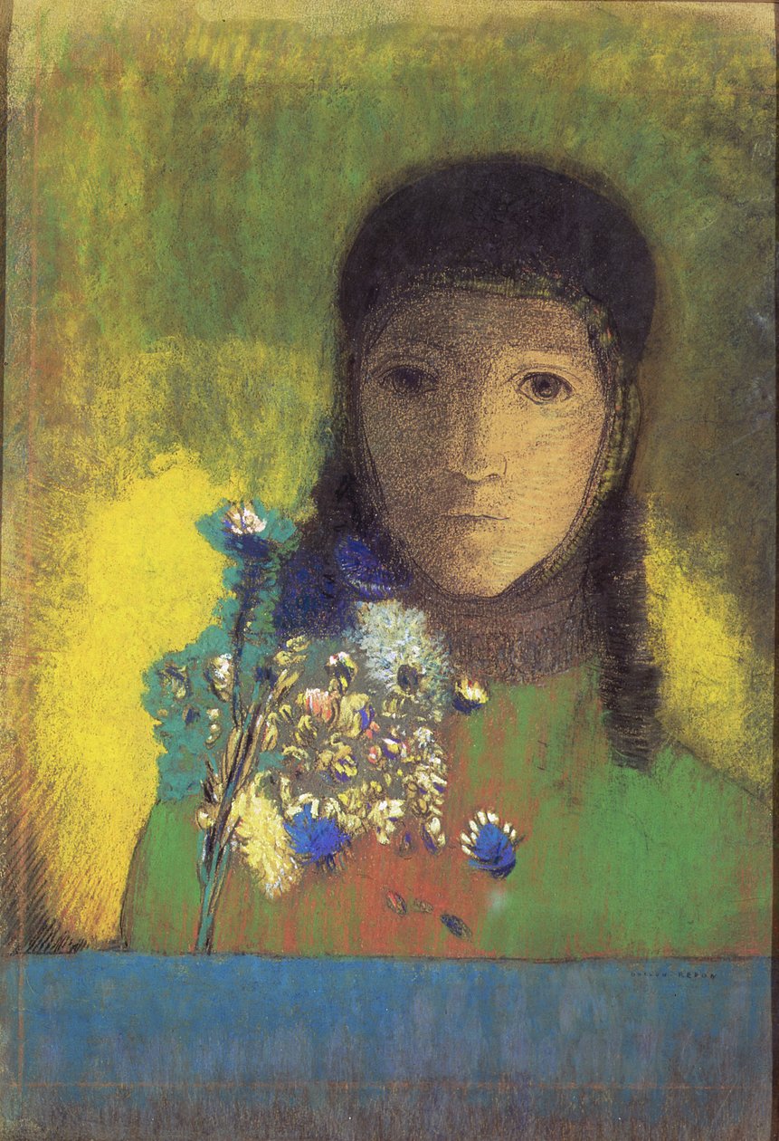 Kvinde med vilde blomster, 1895-1900 (pastel, trækul) af Odilon Redon