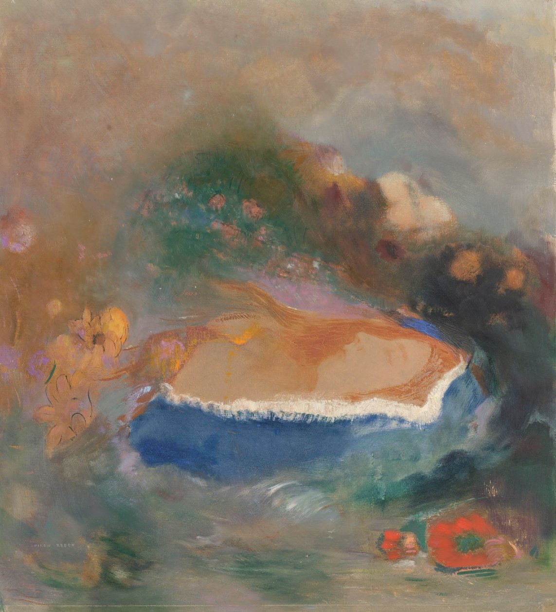 Ophelia, den blå kappe på vandet (Ophelia med en blå vimple i vandet) Ophelia, den blå kappe på vandet af Odilon Redon (signed by artist)