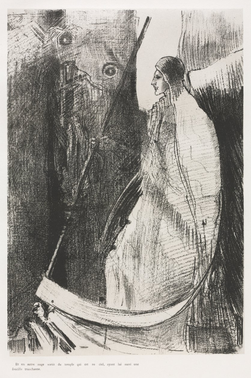 Og en anden engel kom ud af templet i himlen, og han havde også en skarp segl af Odilon Redon