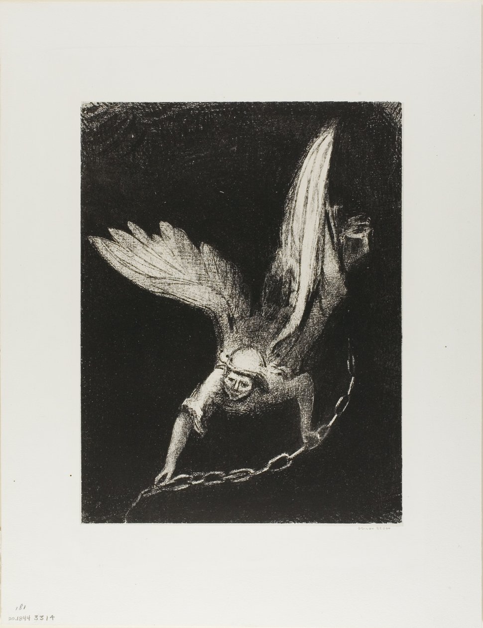 Og jeg så en engel komme ned fra himlen med nøglen til det bundløse hul og en stor kæde i hånden, plade 8 af 12 af Odilon Redon